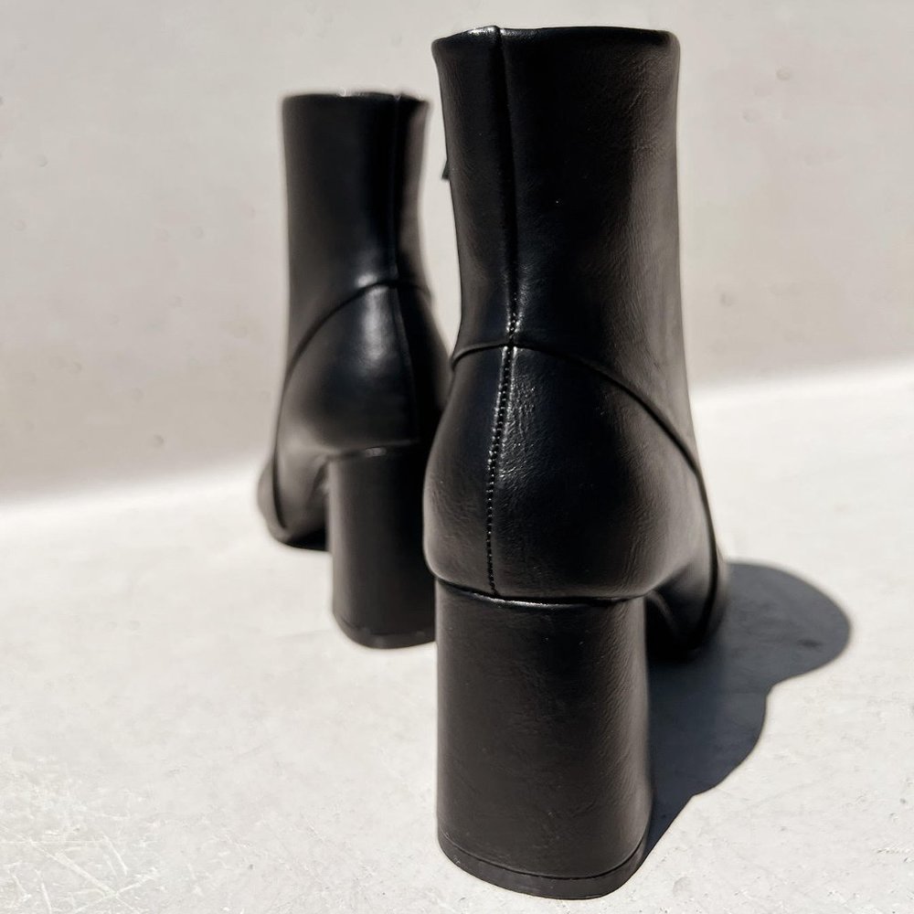 NEW Black Faux Leather Sleek Slim Square Toe Block Heel Ankle Boots Bootie Shoes - Picture 7 of 13